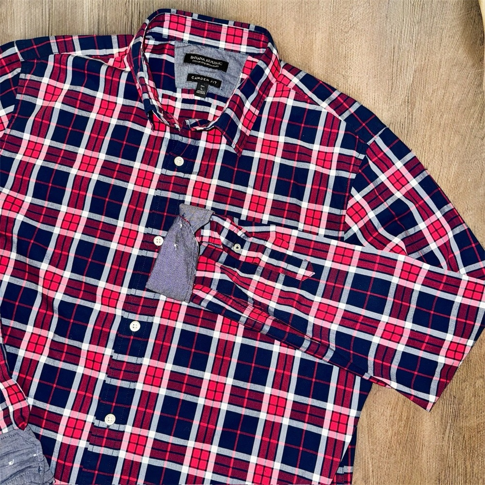 Banana Republic Camden Fit Non Iron Plaid Dress Shirt Large - Red, Navy & White